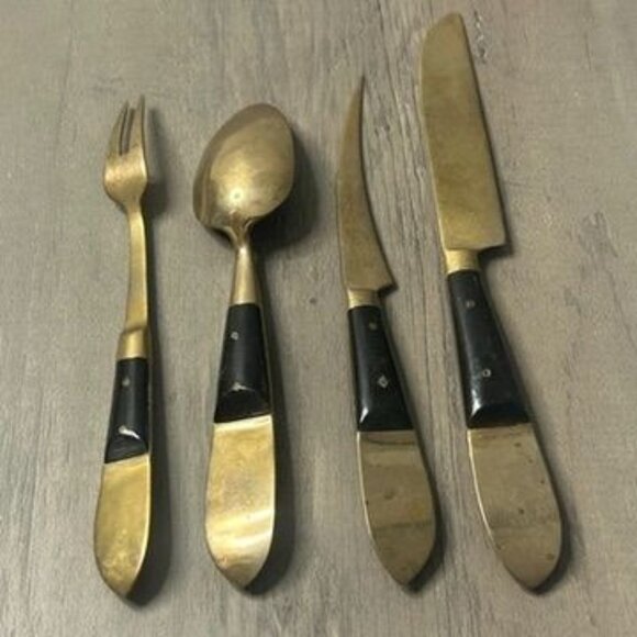 Vintage Siam Thailand Buddha Brass & Teak Wood 1950s MCM Mini Flatware Set - Picture 3 of 3